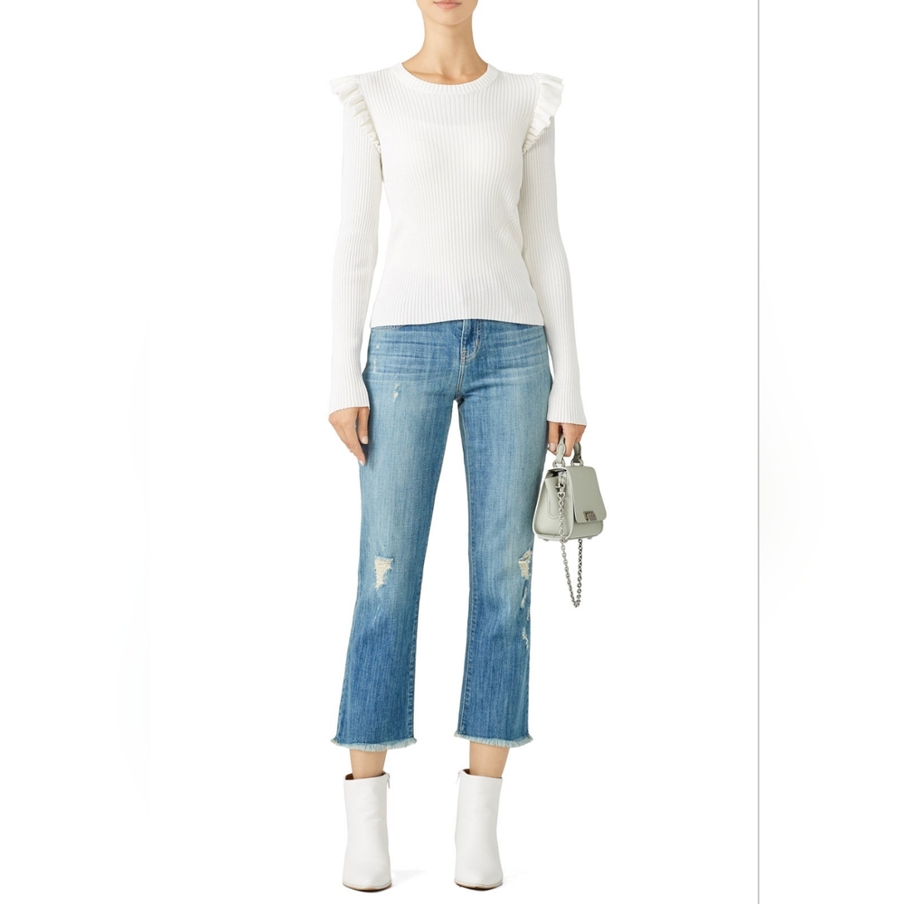 Cinq a Sept White Sloann Sweater long Sleeve ruffle ribbed pullover ivory cream